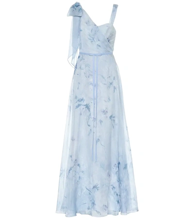 Marchesa Notte One-shoulder Floral Chiffon Pleated Gown In Light Blue