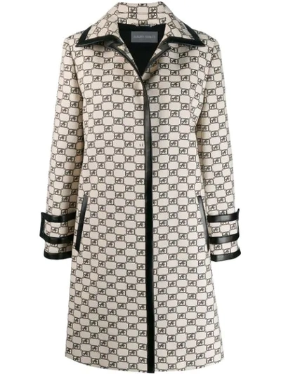 Alberta Ferretti Coat With All Over Monogram And Leather Edges In Beige