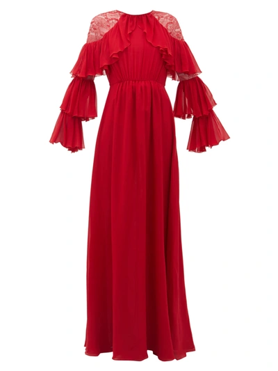 Giambattista Valli Lace Shoulder Ruffle Long Sleeve Georgette Gown In Rubino
