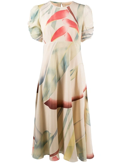 Etro Watercolor Leaf Print Silk Midi Dress In Neutrals