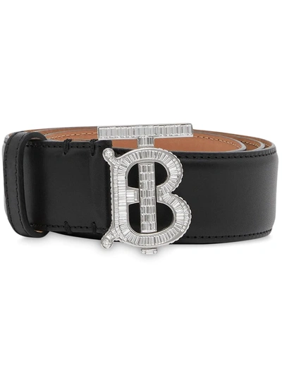 Burberry Tb Monogram Buckle Pave Crystal & Leather Belt In Black