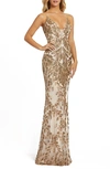 Mac Duggal Sequin Leaf Plunging Sheath Gown In Nude Gold