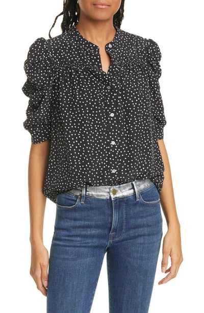 Frame Dot Print Smocked Sleeve Silk Shirt In Noir Multi