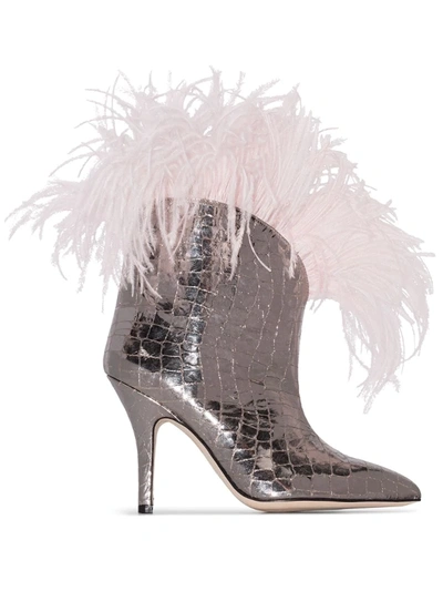 Paris Texas Crocodile Effect 90 Feather Trim Boots In Silver
