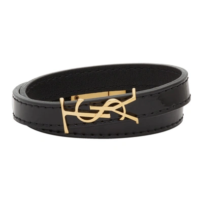 Saint Laurent Monogram Double-wrap Leather Bracelet In Black