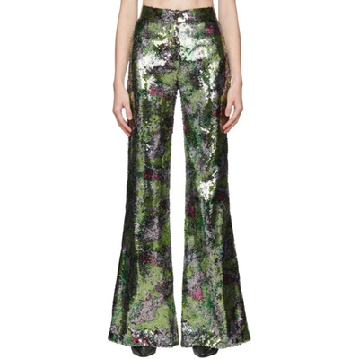 Halpern Multicolor Sequin Stovepipe Trousers In Green Bloss