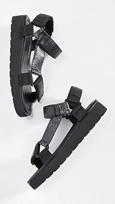 Vince Carver Canvas-trimmed Smooth And Lizard-effect Faux Leather Sandals In Dark Gray
