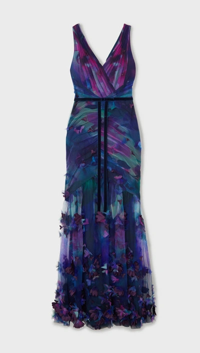 Marchesa Notte Sleeveless Printed Tulle Fit-&-flare Gown W/ 3d Flowers In Navy