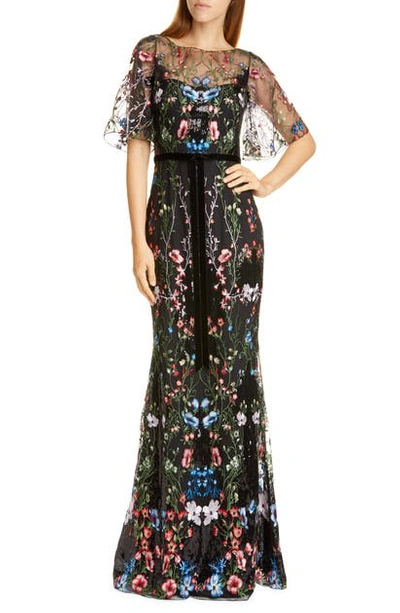 Marchesa Notte Cape-sleeve Multicolor Sequin Embroidered Gown In Black