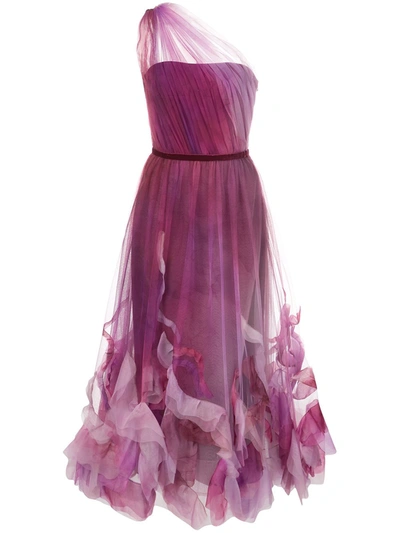 Marchesa Notte One-shoulder Tulle Cocktail Dress In Berry