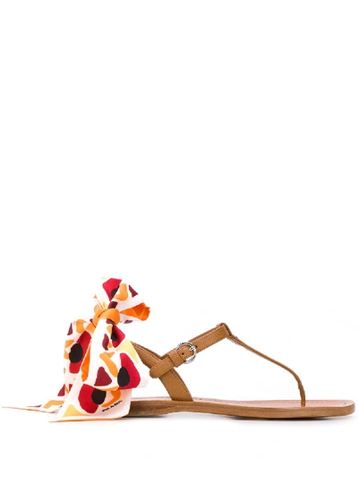 Prada Flat Saffiano Leather Thong Sandals With Scarf Tie In Braun
