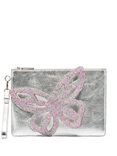 Sophia Webster Flossy Metallic Butterfly Embellished Pochette Clutch Bag In Silver