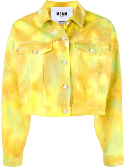 Msgm Tie-dye Cropped Denim Jacket In Yellow