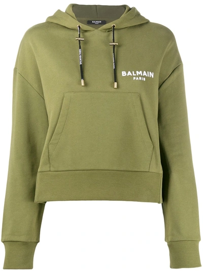 Balmain Cropped Logo Hoodie In Green