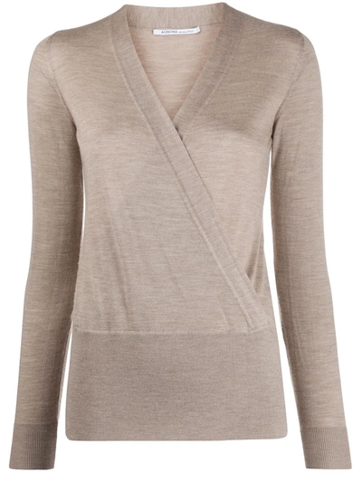 Agnona Long Sleeve Wrap Front Top In Neutrals
