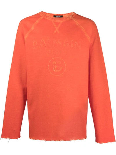 Balmain Distressed Logo Crew Neck Sweatshirt In Orange