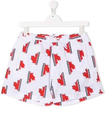 Dsquared2 Teen Leaf Logo Print Swim Shorts In White