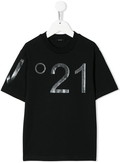N°21 Kids' Short Sleeve Printed Logo T-shirt In Black