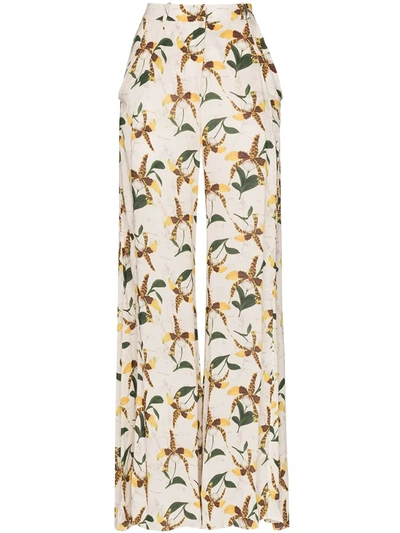 Adriana Degreas Leopard Orchid-print Voile Palazzo Trousers In White
