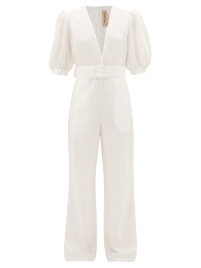 Adriana Degreas Puff-sleeve Belted Crepe Jumpsuit In Off White