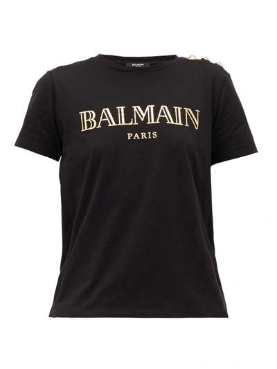 Balmain Buttoned-shoulder Logo-print Cotton T-shirt In Black
