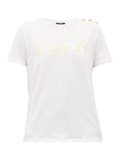 Balmain Buttoned-shoulder Logo-print Cotton T-shirt In White