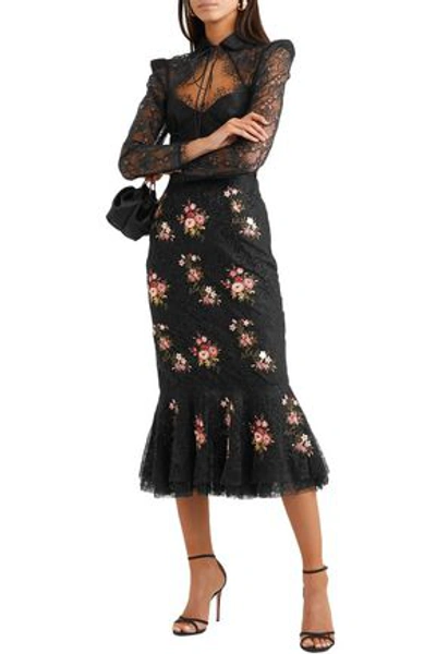 Brock Collection Orchidea Ruffled Embellished Corded Lace Midi Skirt In Black