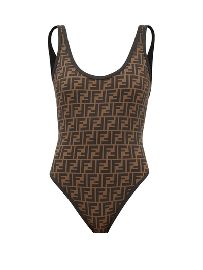 Fendi Monogram-print Reversible Swimsuit In Marrone