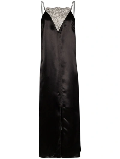 Khaite Leandra Deep V-neck Satin Dress In Black