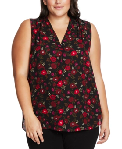 Vince Camuto Plus Size Sleeveless Printed V-neck Top In Rich Black