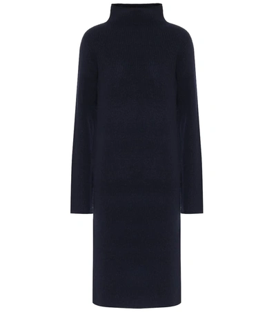 The Row Moa Ribbed Wool And Cashmere-blend Turtleneck Midi Dress In Navy
