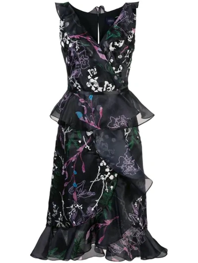 Marchesa Notte Sleeveless Printed Floral Organza Cocktail Dress In Black