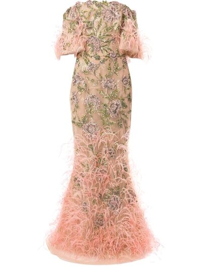 Marchesa Tulle Off Shoulder Fit And Flare Gown W/ Capelet In Pink