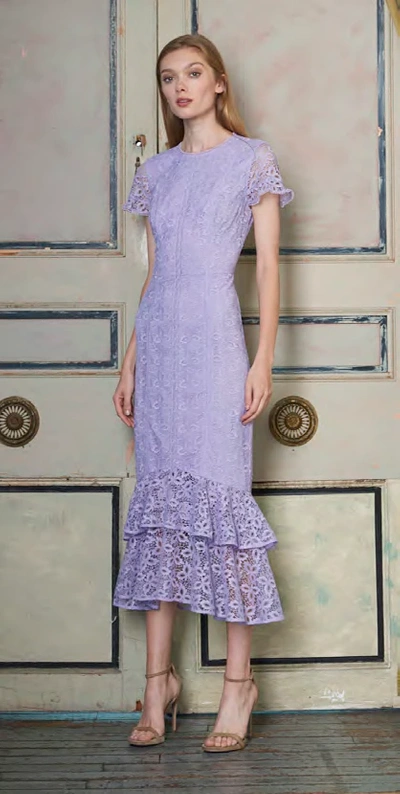 ml Monique Lhuillier Fit And Flare Lace Midi Dress In Thistle
