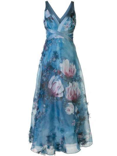 Marchesa Notte Floral Sleeveless Printed Organza Midi Dress In Blue