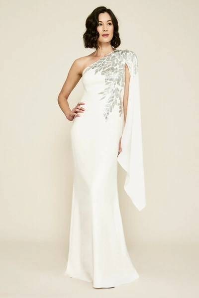 Tadashi Shoji Columba One Shoulder Sequin Crepe  Gown In Ivory/silver
