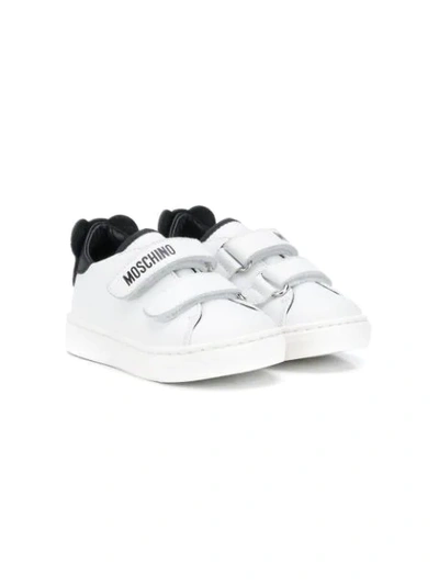 Moschino Kids' White Teddy Bear Leather Low-top Sneakers In White,black