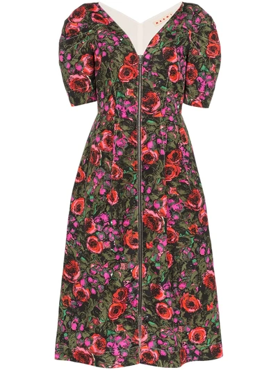 Marni Floral Cotton-blend Twill Midi Dress In Green