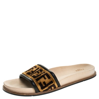 Pre-owned Fendi Zucca Velvet Flat Slides Sandals Size 45 In Brown