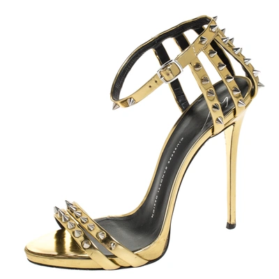 Pre-owned Giuseppe Zanotti Gold Metallic Spike Leather Ankle Strap Sandals Size 39