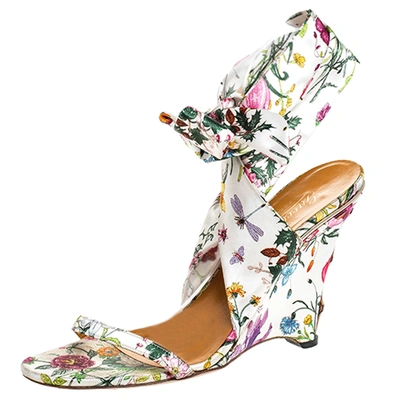 Pre-owned Gucci Floral Printed Satin Ankle Strap Wedge Sandals Size 40 In Multicolor