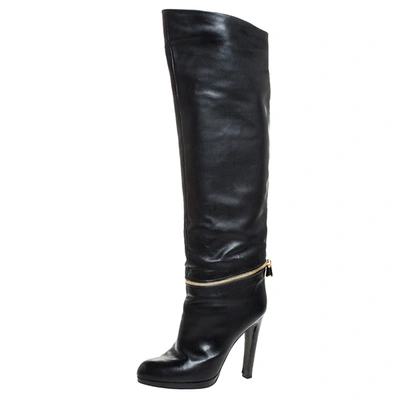 Pre-owned Sergio Rossi Black Leather Zip Detail Knee High Boots Size 39.5
