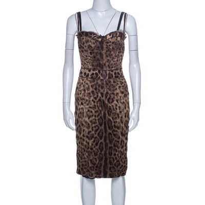 Pre-owned Dolce & Gabbana Brown Leopard Print Silk Tulle Bustier Dress S