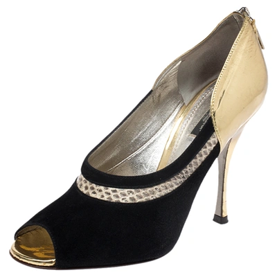 Pre-owned Dolce & Gabbana Black Suede, Python Trim And Metallic Gold Leather Open Toe Pumps Size 39.5