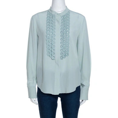 Pre-owned Chloé Pale Green Silk Eyelet Lace Layered Trim Shirt M