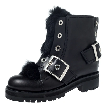 Pre-owned Alexander Mcqueen Black Leather And Rabbit Fur Eyelet Detail Buckle Ankle Boots Size 40