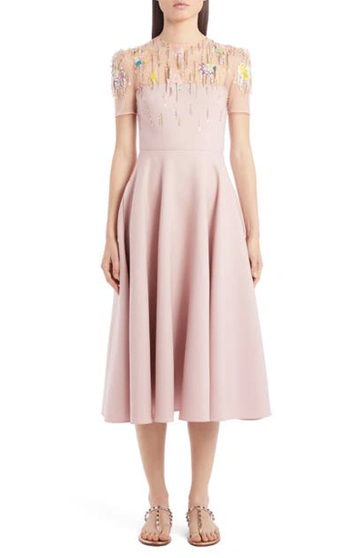 Valentino Embellished Illusion Yoke Wool & Silk Midi Dress In Soft Pink