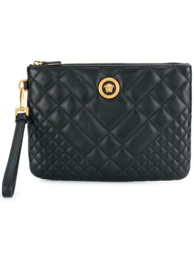 Versace Wrist Clutch In Quilted Leather In Black