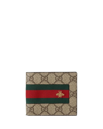 Gucci Web Gg Supreme Bi-fold Wallet With Bee, Beige