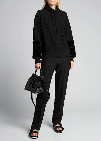 Elie Tahari Nixie Ribbed Knit Sweater W/ Fuzzy Cuffs In Black